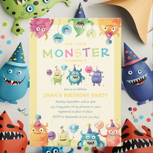 Invitación Nuestro pequeño monstruo | Tres monstruos colorido (Subido por el creador)