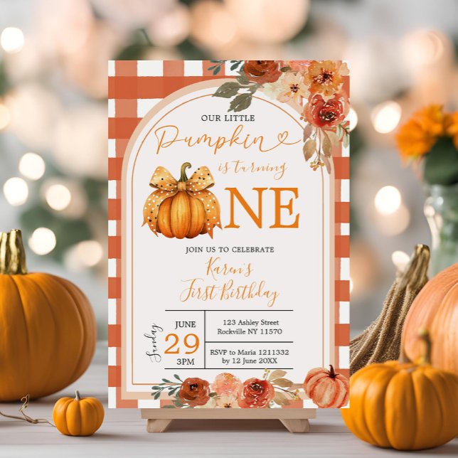 Invitación Nuestro pequeño Naranja de calabaza Gingham Primer (Subido por el creador)