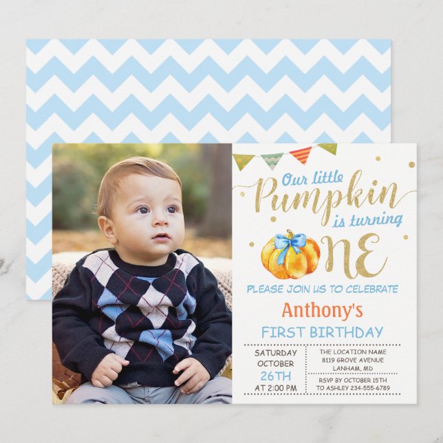 Invitación Nuestro pequeño niño bebé de calabaza Primera foto (Anverso / Reverso)