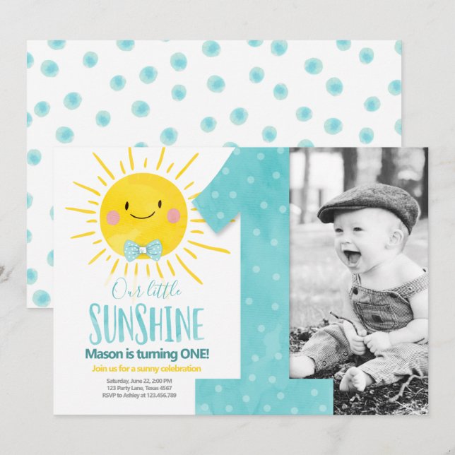 Invitación Nuestro pequeño niño Sunshine Blue Bow Primer Cump (Anverso / Reverso)