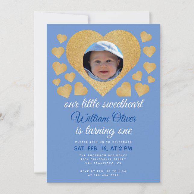 Invitación Nuestro pequeño novio azul corazón de oro cumpleañ (Anverso)