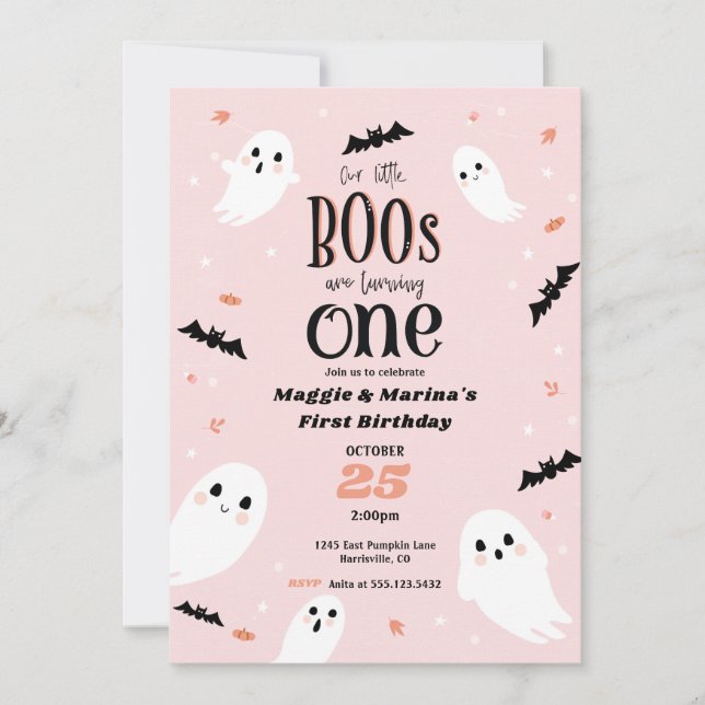 Invitación Nuestro pequeño novio rosa gemelo Halloween primer (Anverso)