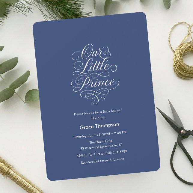 Invitación Nuestro pequeño príncipe Minimal Script Baby Showe (Our Little Prince Minimal Script Baby Shower Blue Invitation)