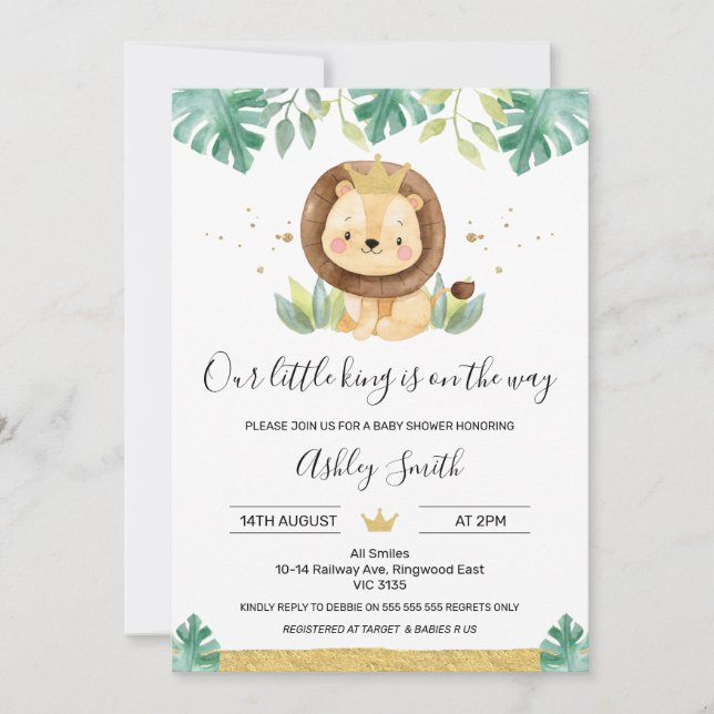 Invitación Nuestro pequeño Rey León Crown Baby Shower (Anverso)