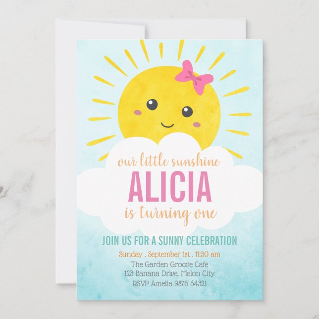 Invitación Nuestro pequeño sol| Primer cumpleaños del Chica (Anverso)