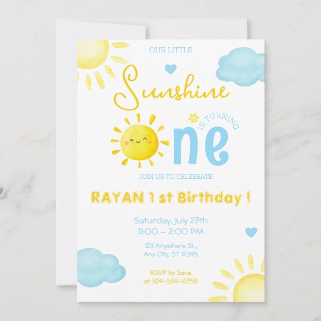 Invitación Nuestro pequeño Sunshine Boy Azul primer cumpleaño (Anverso)