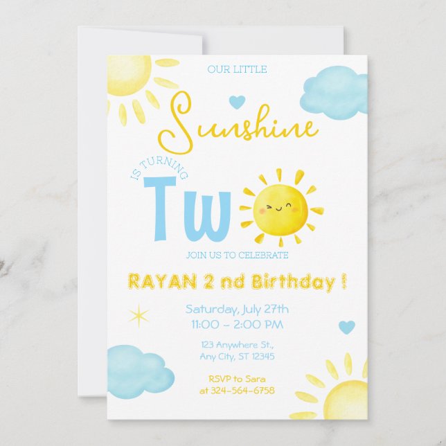 Invitación Nuestro pequeño Sunshine Boy Azul Segundo Fiesta d (Anverso)