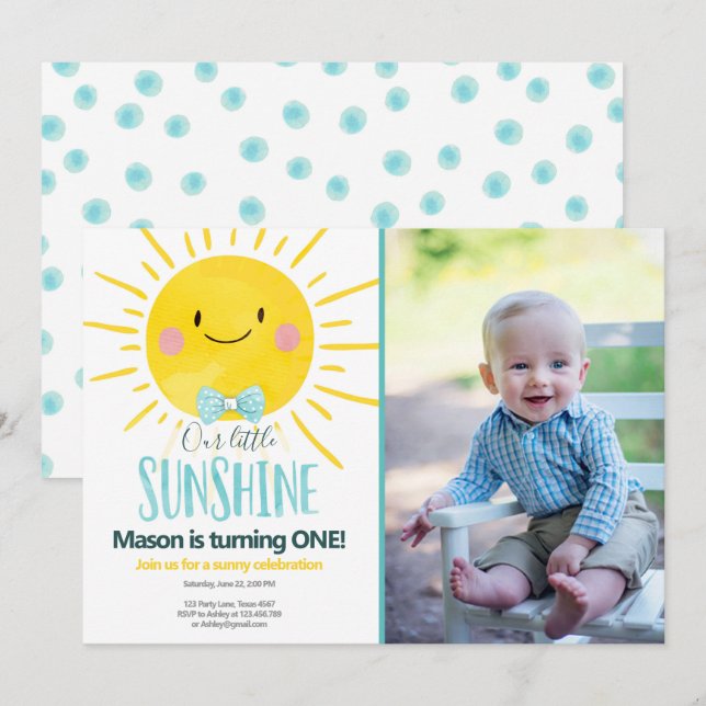 Invitación Nuestro pequeño Sunshine Boy Blue Bow Tie Sun Cump (Anverso / Reverso)