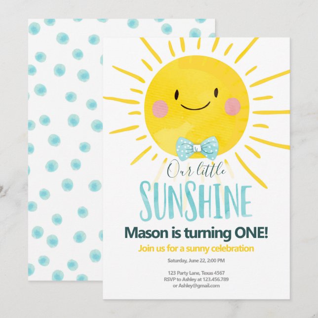 Invitación Nuestro pequeño Sunshine Boy Blue Bow Tie Sun Cump (Anverso / Reverso)