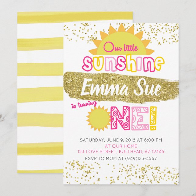 Invitación Nuestro Pequeño Sunshine First Birday (Anverso / Reverso)