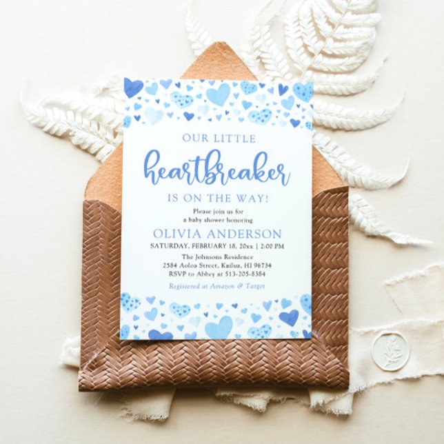 Invitación Nuestro pequeño y desgarrador Baby Shower Blue Val (Watercolor Cute A Little Heartbreaker Blue Hearts Baby Boy Valentine Baby Shower Invitation)