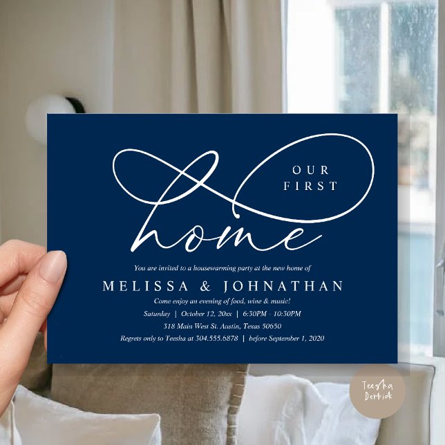 Invitación Nuestro primer hogar, acogedor Fiesta para el cale (Our First Home, Cozy Lovely Housewarming Party Invitation Card, PDF, Lovely Cozy Romantic Navy Blue)