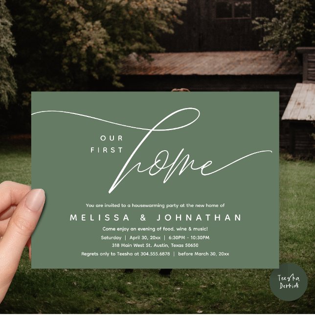 Invitación Nuestro primer hogar, acogedor y encantador Fiesta (Our First Home, Cozy Lovely Housewarming Party Invitation Card, PDF, Lovely Cozy Forest Sage Green)
