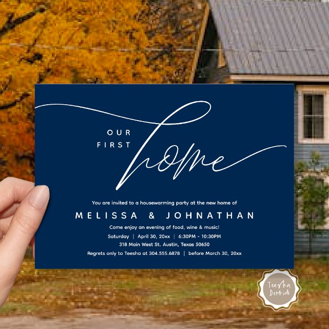 Invitación Nuestro primer hogar, acogedor y encantador Fiesta (Our First Home, Cozy Lovely Housewarming Party Invitation Card, PDF, Lovely Cozy Romantic Navy Blue)