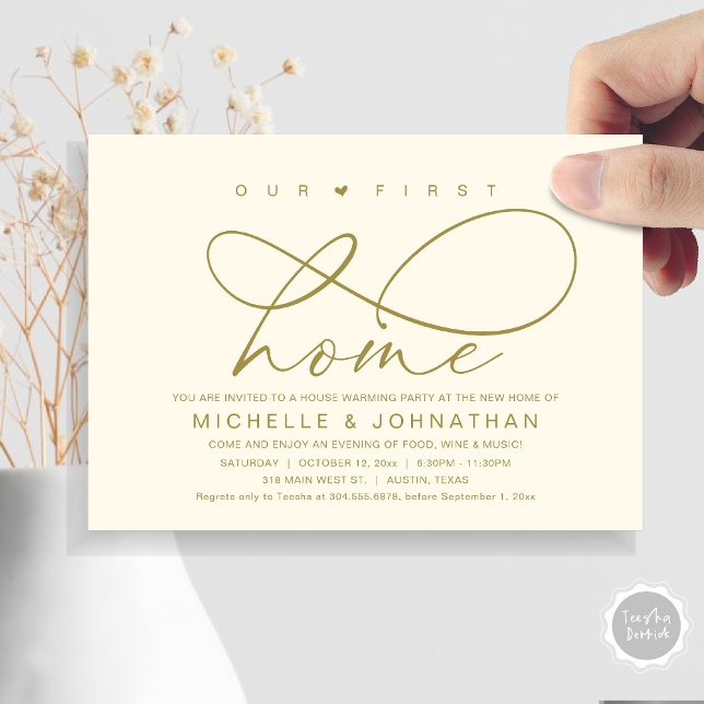 Invitación Nuestro primer hogar, fiesta moderno para el calen (Our First Home, New Housewarming Party Invitation Card, PDF, Modern Romantic Script, Classy Gold)