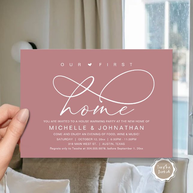 Invitación Nuestro primer hogar, fiesta moderno para el calen (Our First Home, New Housewarming Party Invitation Card, PDF, Modern Romantic Script, Dusty Rose Pink)