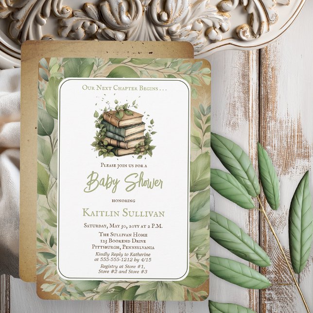 Invitación Nuestro próximo capítulo comienza los libros Baby  (Rustic Vintage Look Elegance "Our Next Chapter Begins . . ." Old Books and Leaves Baby Shower Invite)