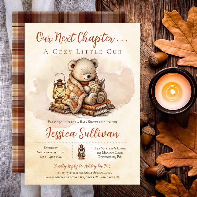 Invitación Nuestro Próximo Capítulo Oso de Peluche Bebé Otoño (Our Next Chapter Cozy Little Cub teddy bear reading baby shower invitation)