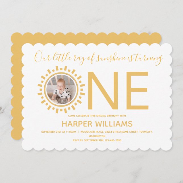 Invitación Nuestro Ray of Sunshine Photo Baby Primer cumpleañ (Anverso / Reverso)