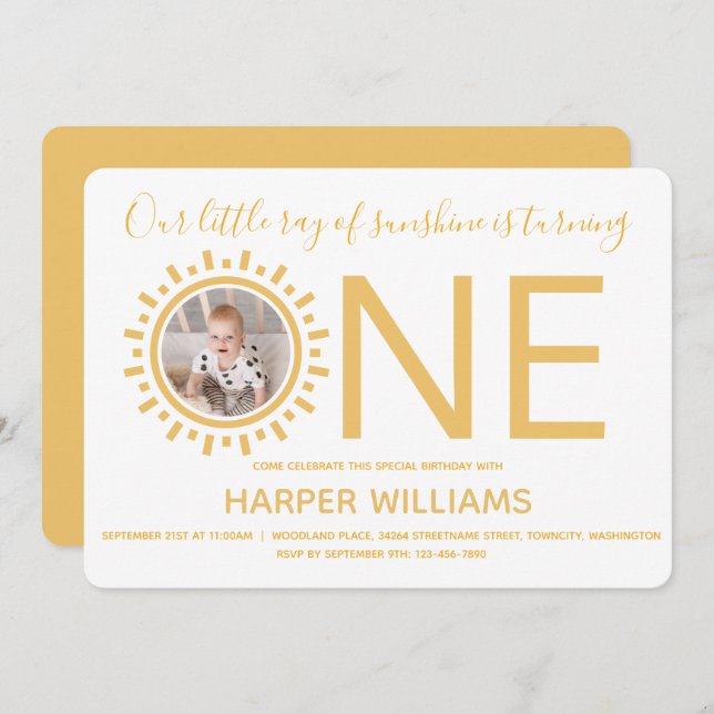 Invitación Nuestro Ray of Sunshine Photo Baby Primer cumpleañ (Anverso / Reverso)
