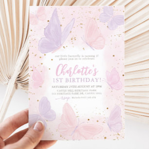 Invitación Nuestros pequeños Chicas de mariposa rosados cumpl