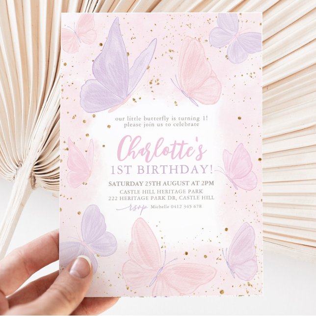 Invitación Nuestros pequeños Chicas de mariposa rosados cumpl (Subido por el creador)