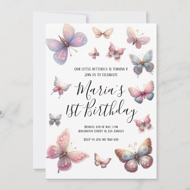 Invitación Nuestros pequeños Chicas de mariposa rosados cumpl (Anverso)