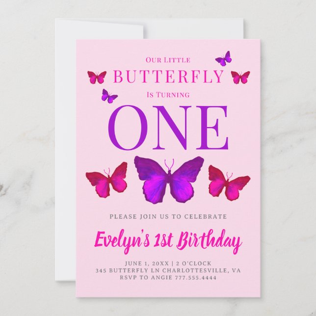 Invitación Nuestros pequeños Chicas mariposa rosan púrpura cu (Anverso)
