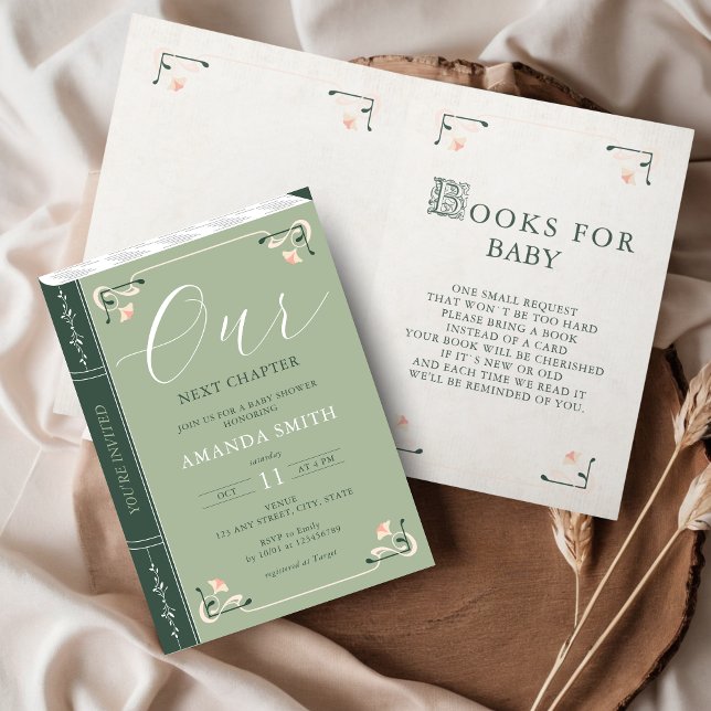 Invitación Nuestros próximos libros de texto de historietas d (Our next chapter Storybook Folded Baby Shower Invitation with Books for Baby Request on the Inside)