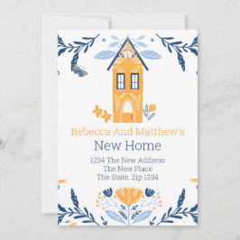 Invitación Nueva casa Hygge Blue Yellow House y flores