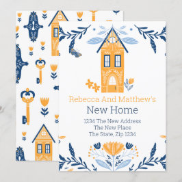 Invitación Nueva casa Hygge Blue Yellow House y flores