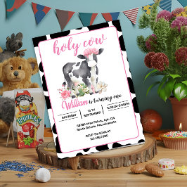 Invitación Nueva Cute floral rosa Santo Vaca Primer Cumpleaño