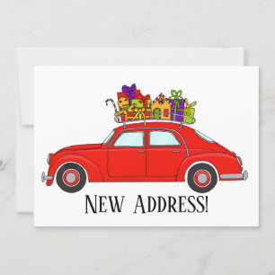 Invitación Nueva dirección Coche rojo con regalos de Navidade