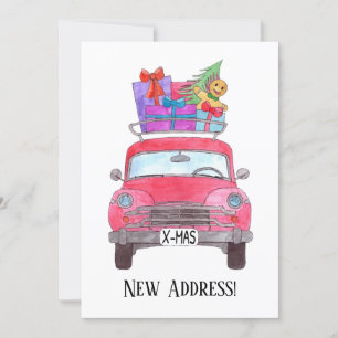 Invitación Nueva dirección Red Car Navidades Regalos Watercol