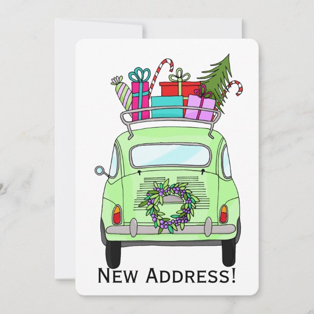 Invitación Nueva dirección verde Retro Fiat 500 Navidades Reg (Anverso)