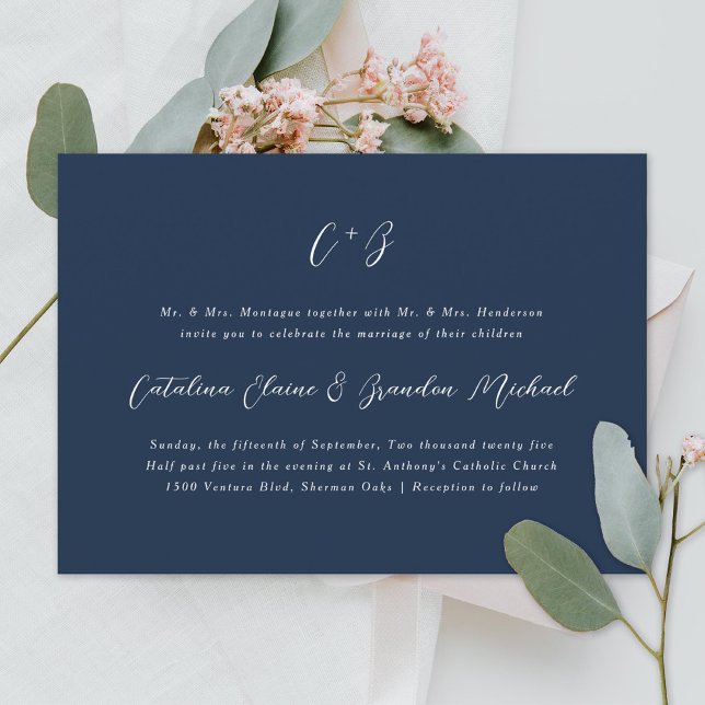 Invitación Nueva elegancia caligrafía Monograma Nombres Naval (Subido por el creador)