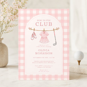 Invitación Nueva En El Club Golf Gingham Rosa Baby Shower
