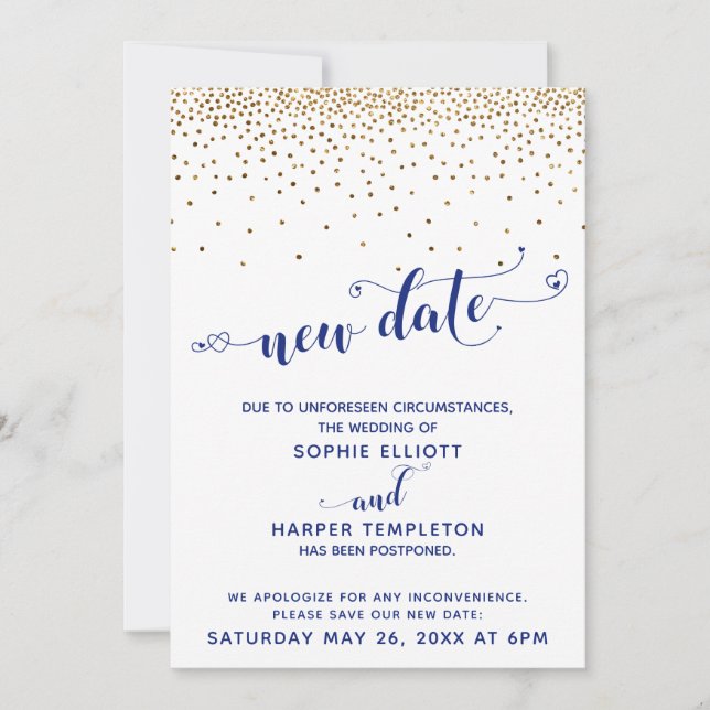Invitación Nueva fecha de la marina Boda Gold Confetti pospue (Anverso)