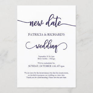 Invitación Nueva Fecha Pospuesta Boda Azul Marino Script