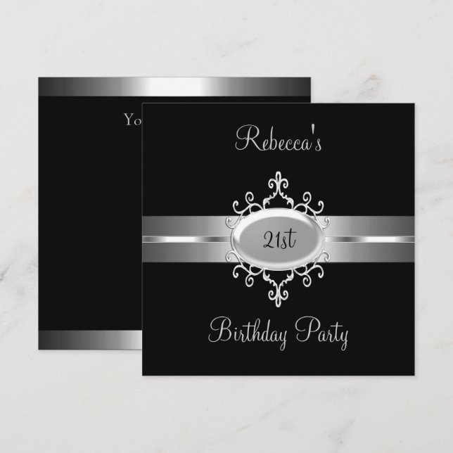 Invitación NUEVA Fiesta de Cumpleaños 21 Negra Plateada (Anverso / Reverso)
