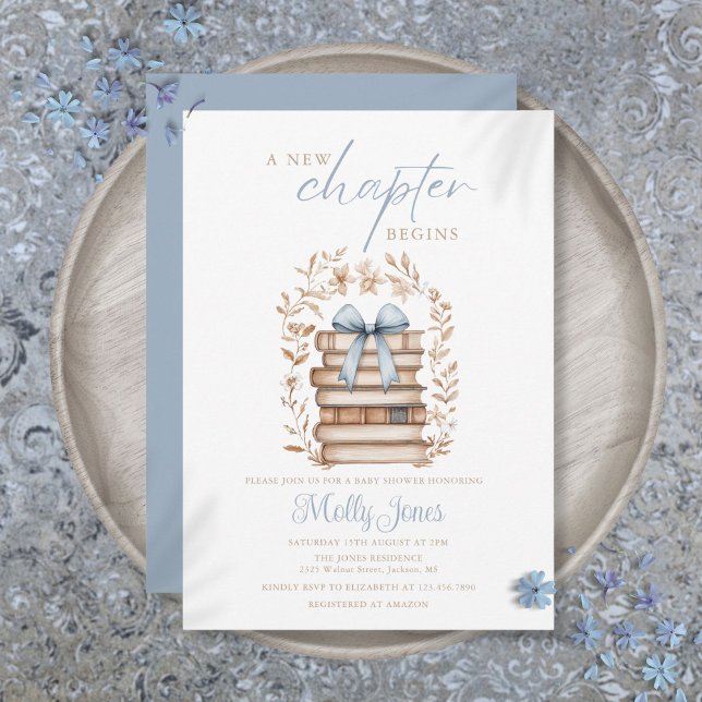 Invitación Nueva historia del capítulo Baby Shower Blue Bow B (New Chapter Storybook Blue Bow Baby Shower Invitation)