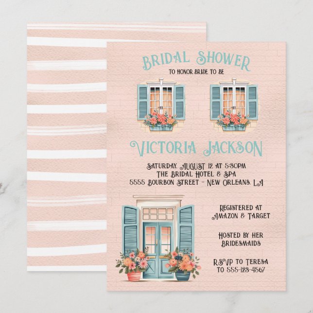 Invitación Nueva Orleans Ducha de Novias Rosa (Anverso / Reverso)