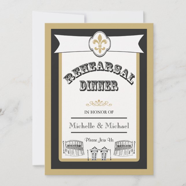 Invitación Nueva Orleans Ensayo Boda Cena Dorada Negra (Anverso)