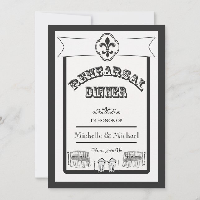Invitación Nueva Orleans Ensayos Boda Cena Blanco Negro (Anverso)