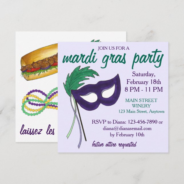 Invitación Nueva Orleans Mardi Gras Masquerade Mask Ball Fies (Anverso / Reverso)