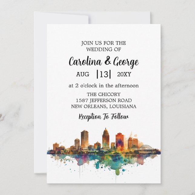 Invitación Nueva Orleans Nola Louisiana - acuarela Boda (Anverso)