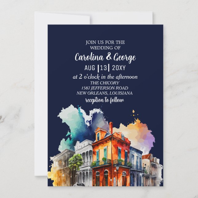Invitación Nueva Orleans Nola Louisiana - Boda de acuarela (Anverso)