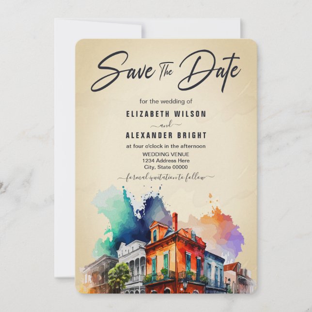 Invitación Nueva Orleans Nola Louisiana - Boda de acuarela (Anverso)