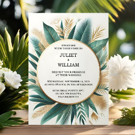 Invitación Nueva Playa De Palm Tree Wreath, Verde Y Boda Oro