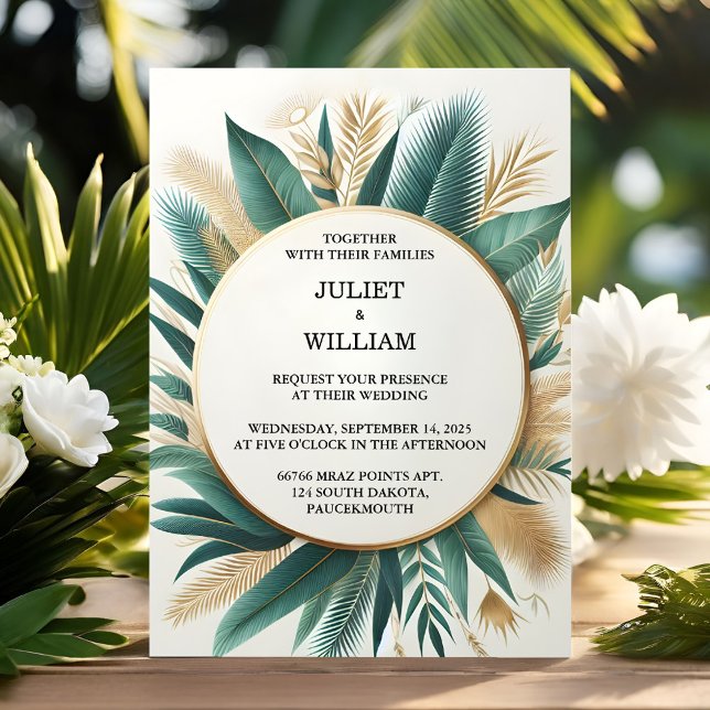 Invitación Nueva Playa De Palm Tree Wreath, Verde Y Boda Oro (Subido por el creador)